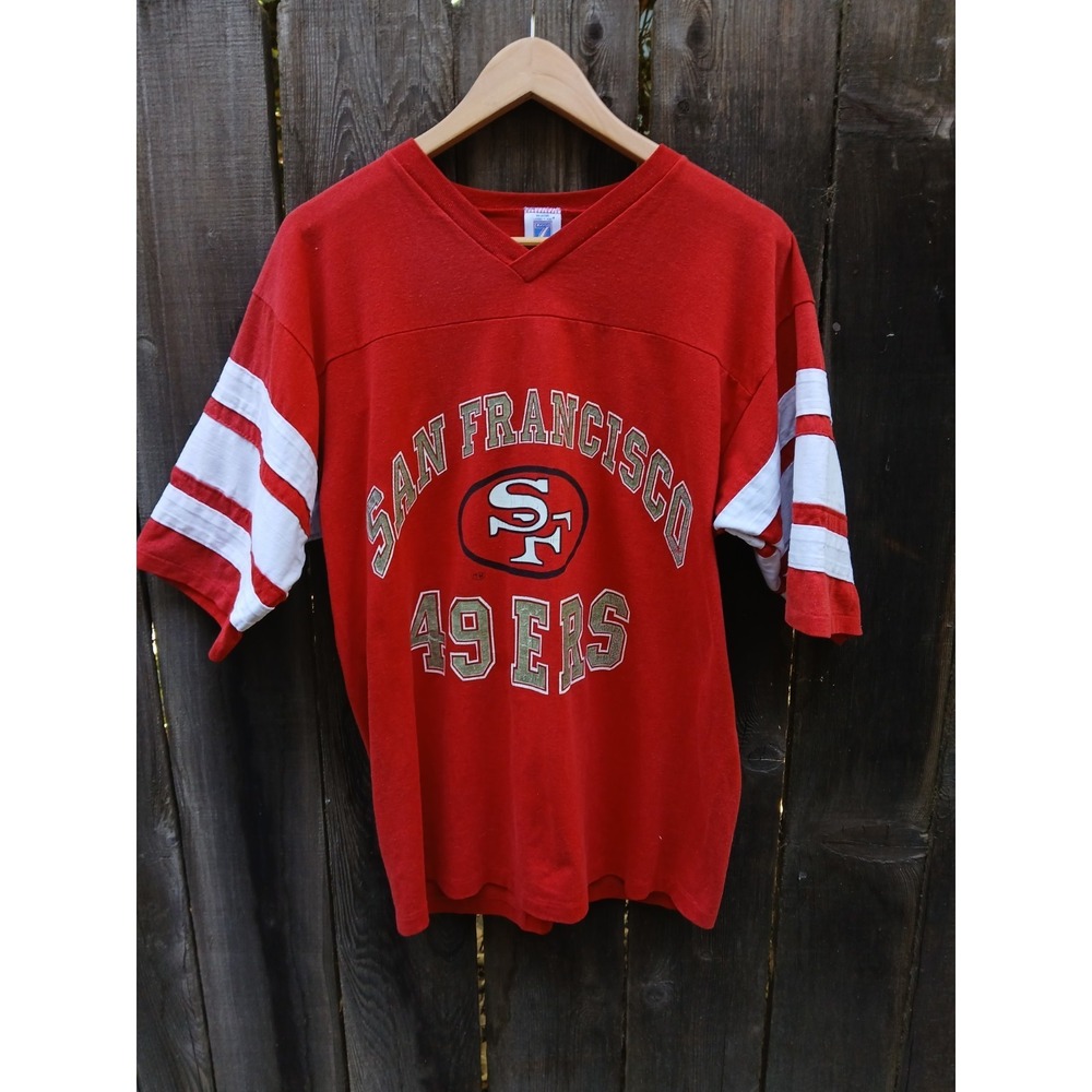 Vintage Logo 7 1994 NFL San Francisco 49ers Football 50/50 T-Shirt Red L Tee USA